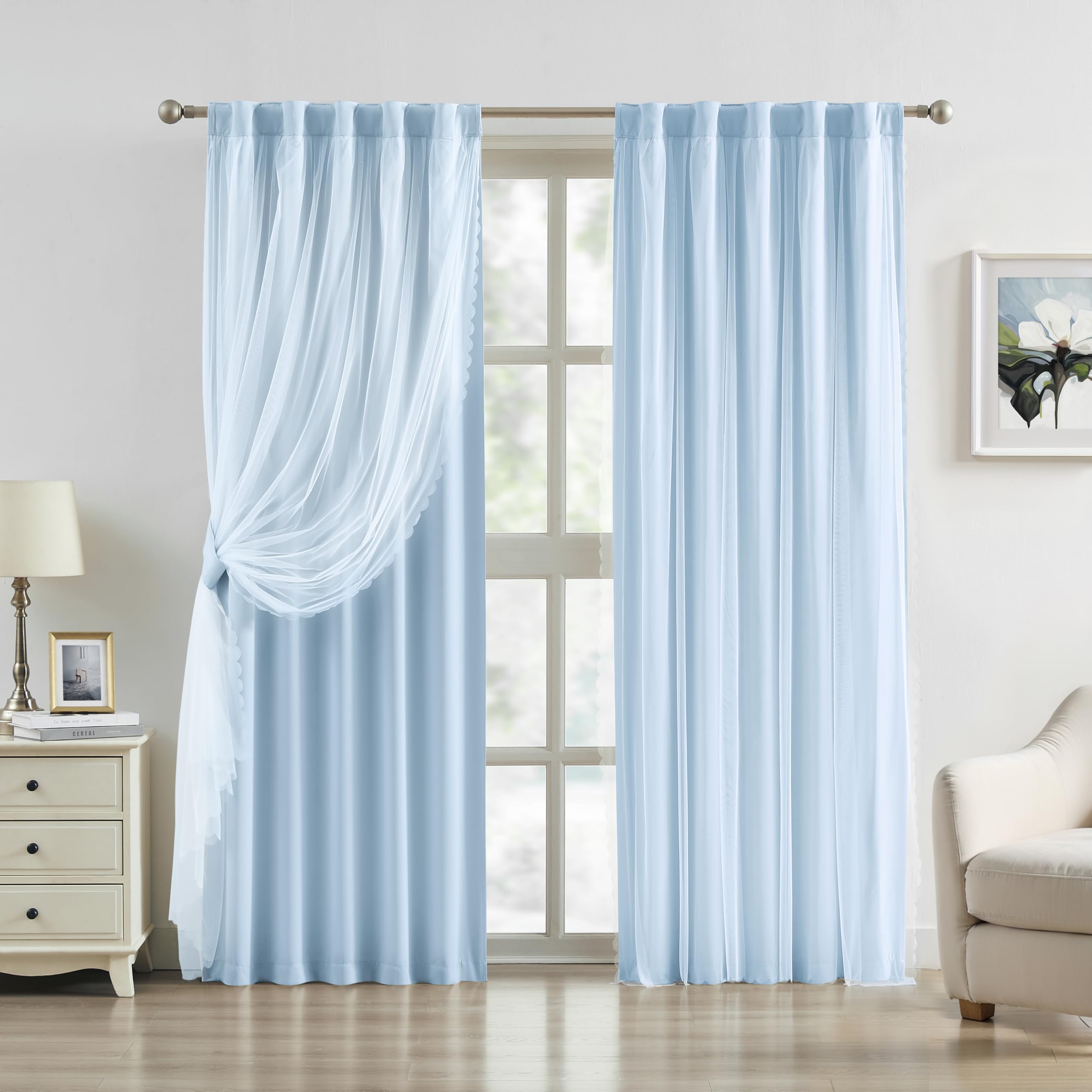 Bujasso Beige 80% Blackout Curtains with Sheer Overlay Mix and Match Double Layer Thermal Insulated Window Panels 84 inch for Bedroom Beige Drapes with Tiebacks Rod Pocket Back Tab 37" Wx84 Lx2