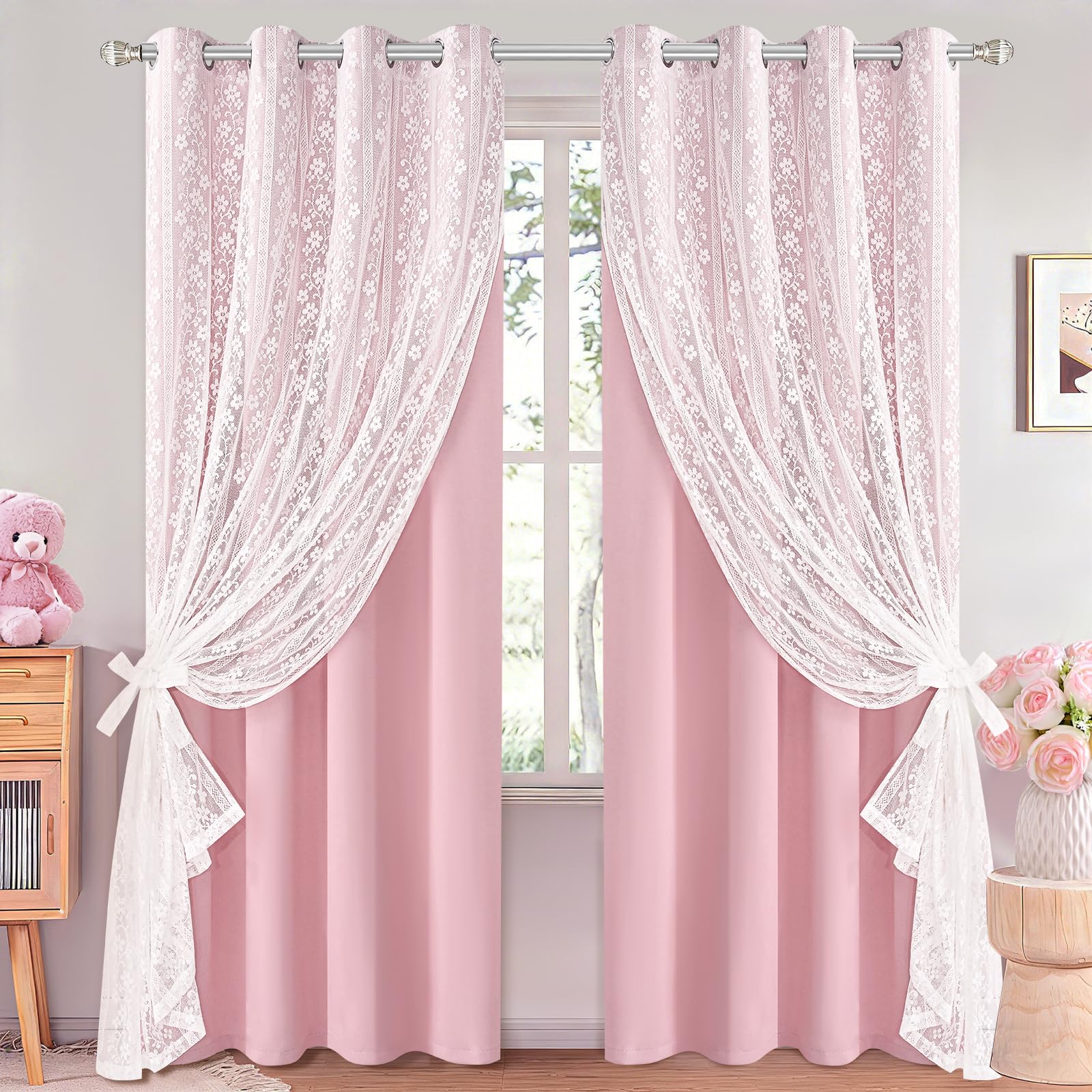 ASPMIZ Linen Curtains for Bedroom, Double Layered Boho Curtain for Living Room Farmhouse Curtain 84 Inch Length 2 Panels Set, Rustic Curtains & Drapes Rod Pocket with Tiebacks, 52 x 84 Inch, Beige