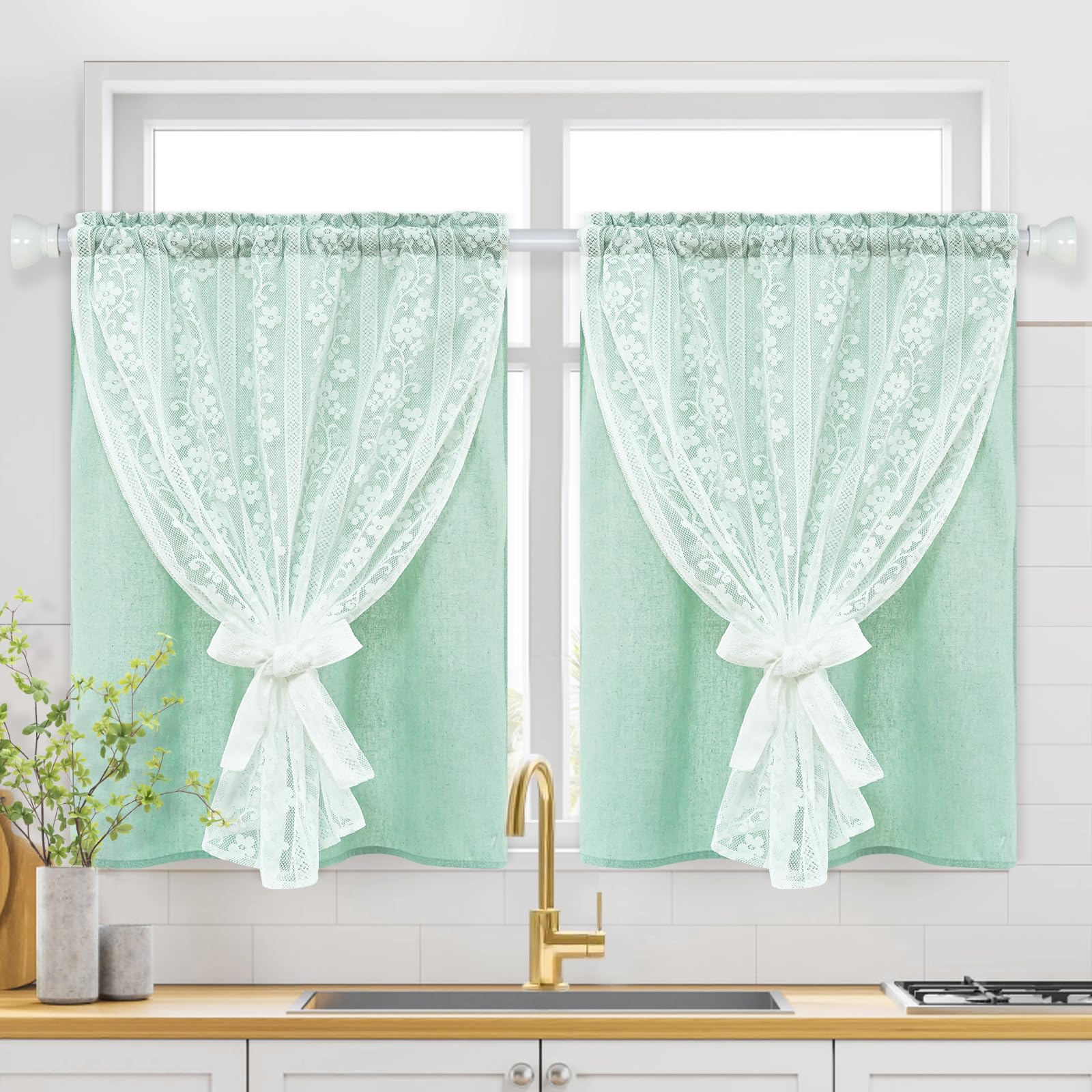 ASPMIZ Linen Curtains for Bedroom, Double Layered Boho Curtain for Living Room Farmhouse Curtain 84 Inch Length 2 Panels Set, Rustic Curtains & Drapes Rod Pocket with Tiebacks, 52 x 84 Inch, Beige