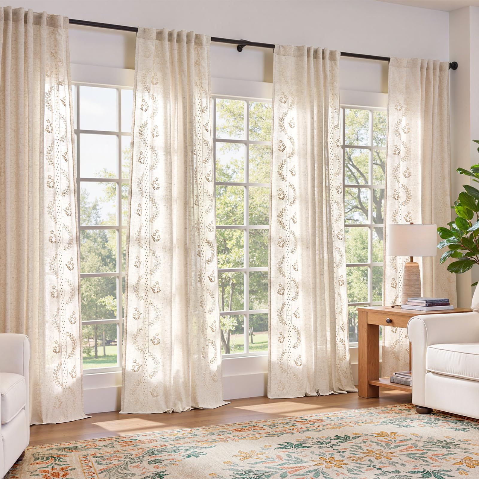 jinchan Belrose Linen Curtains for Bedroom Floral Curtains 84 Inch Length Linen Blend Ivory Embroidered Drapes Farmhouse Flower Patterned Drapes for Living Room Window Treatments Set 2 Panels