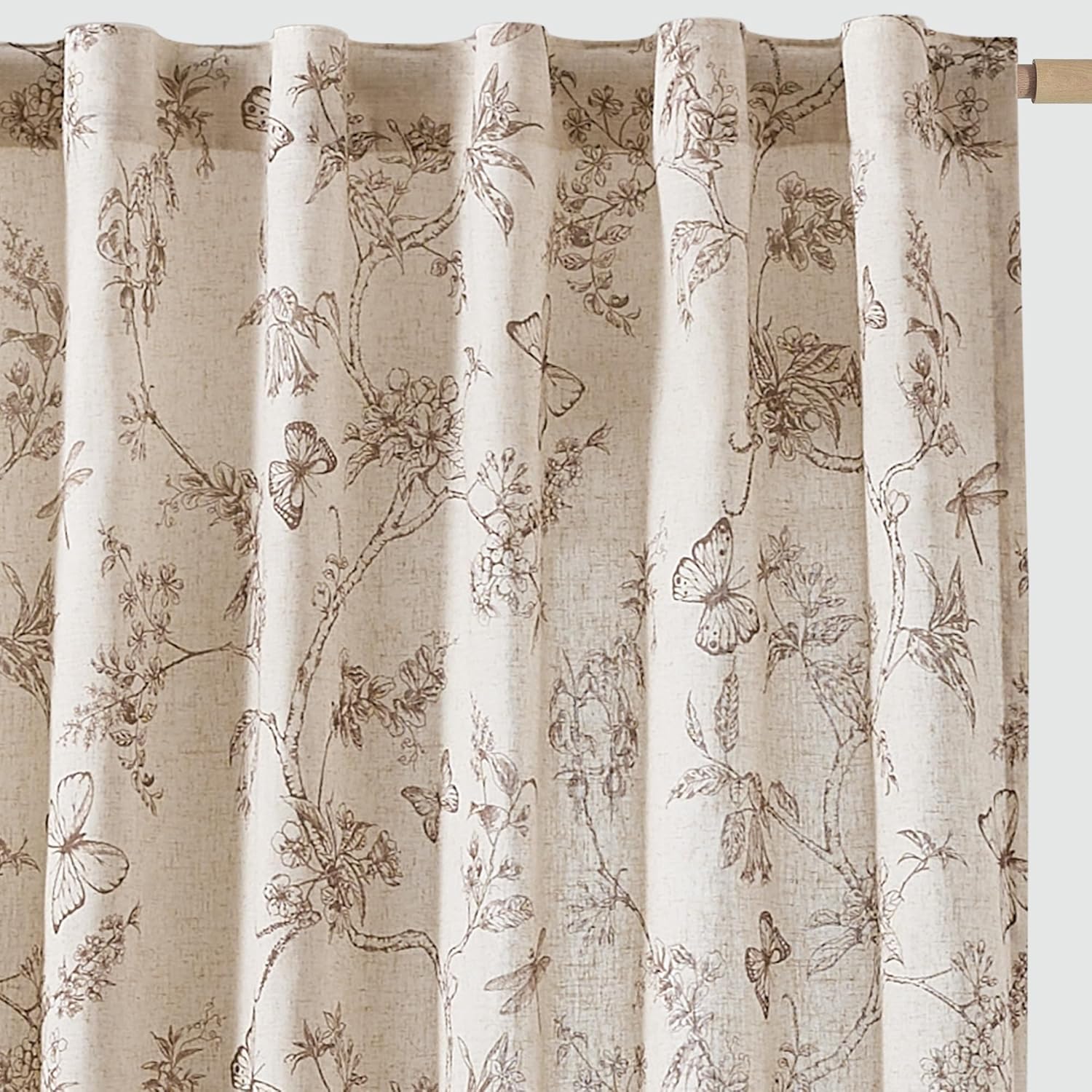 jinchan Floral Linen Curtains for Living Room - 63 Inch Length Butterfly Taupe Floral Curtains - French Country Farmhouse Flower Patterned Drapes - Back Tab Rod Pocket Set - 2 Panels
