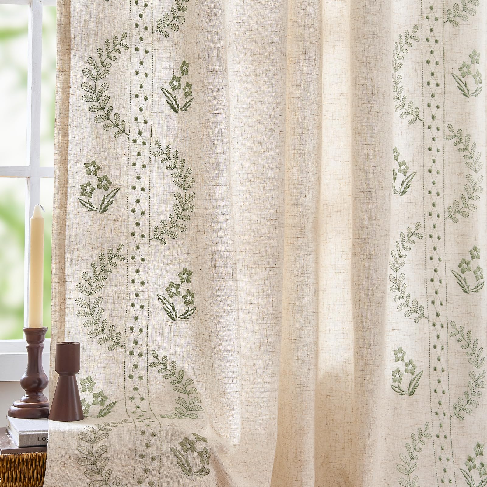 jinchan Belrose Linen Curtains for Bedroom Floral Curtains 84 Inch Length Linen Blend Ivory Embroidered Drapes Farmhouse Flower Patterned Drapes for Living Room Window Treatments Set 2 Panels