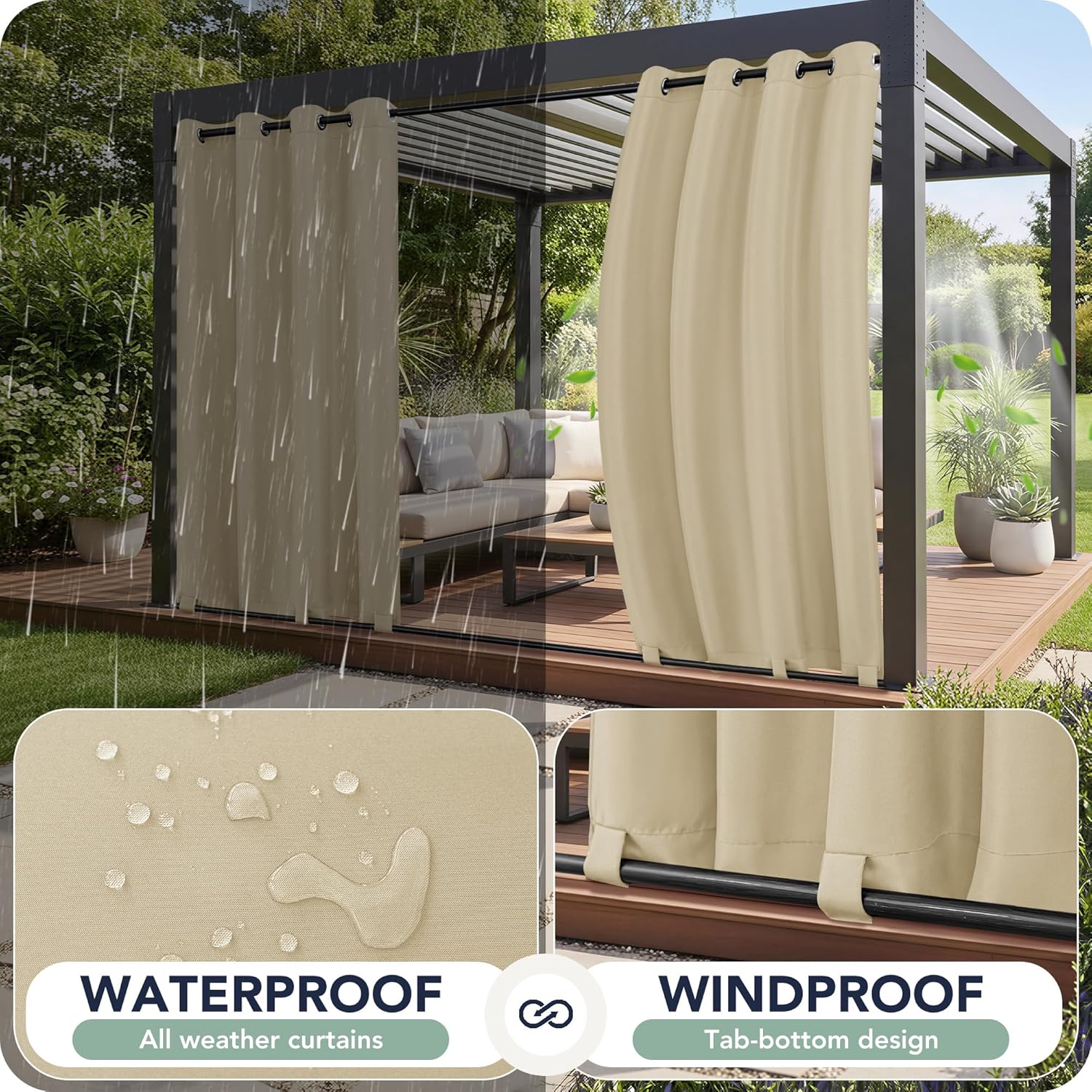 Outdoor Curtains for Patio Waterproof 6 Panels - Windproof, Privacy, Weatherproof Outside Drapes for Gazebo Pergola Porch, Grommet Top and Tab Bottom, 54x84 Inch, Cream