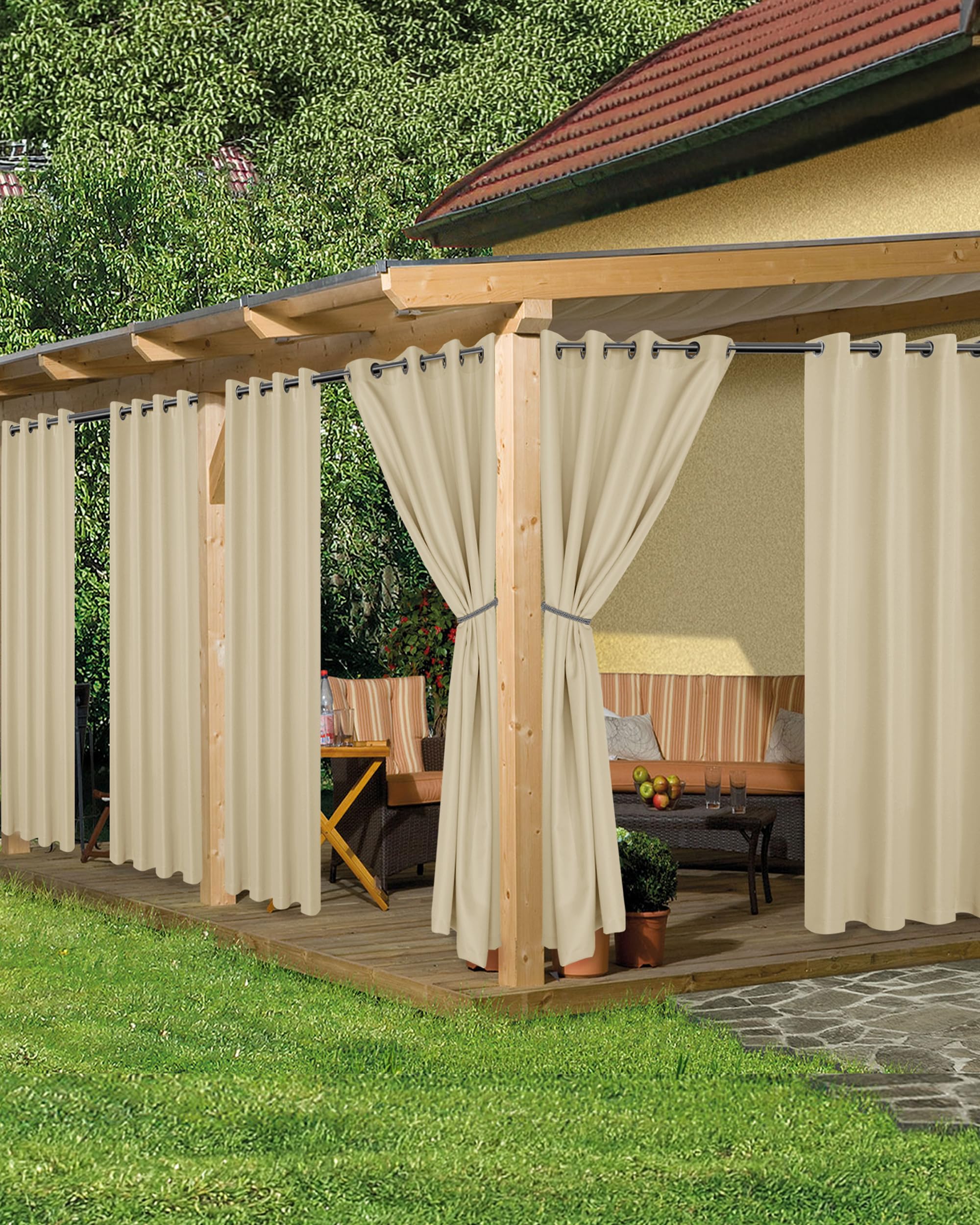 HolidayIdeas Outdoor Curtains for Patio Waterproof, 6 Panels - 54x84 Inches - Weatherproof Privacy Outsides Curtains for Cabana Porch Pergola, Sunlight & UV Blocking (Cream, Grommet Top)