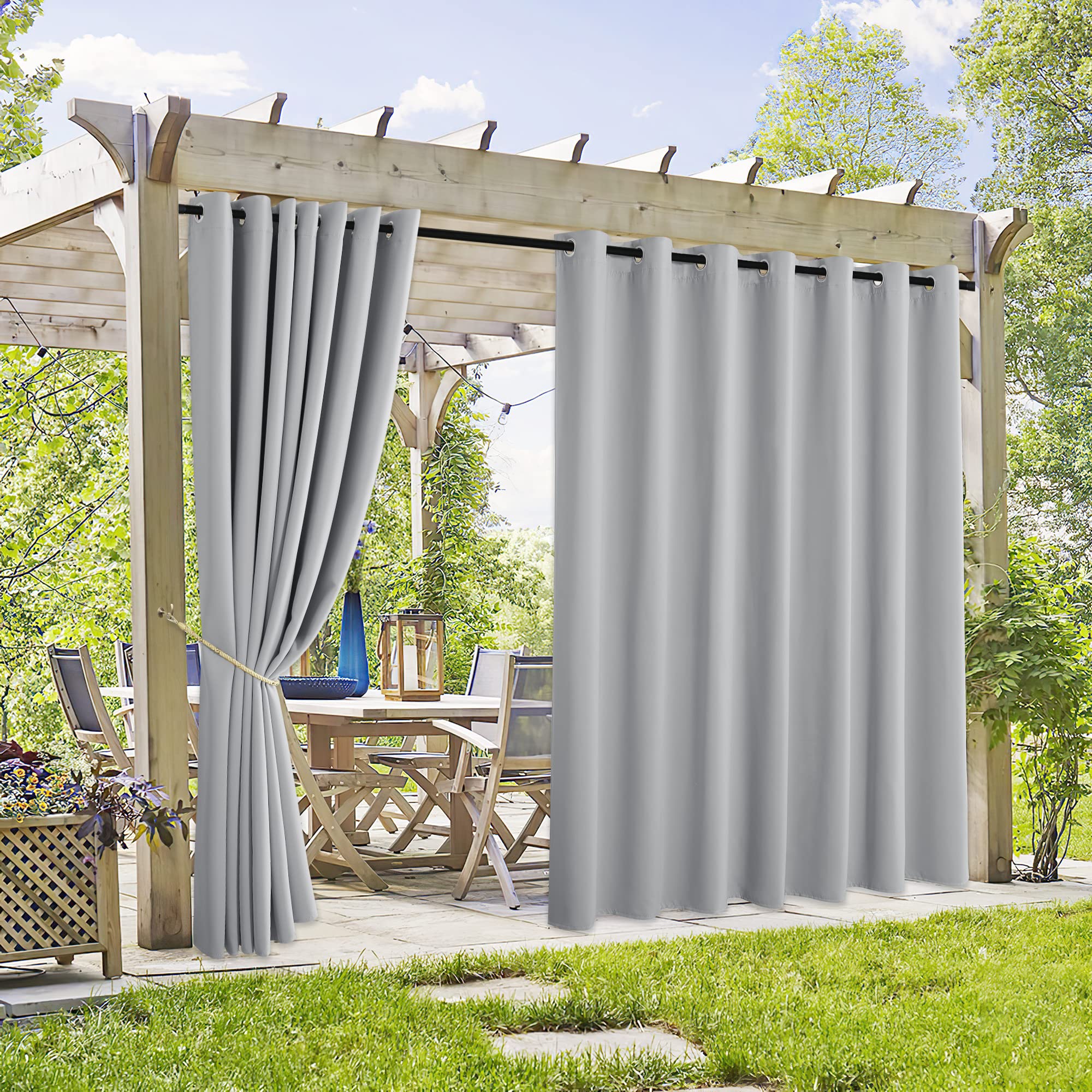 RYB HOME 2 Panels Fade Resistant Outdoor Curtains for Patio Waterproof Block Sunlight Thermal Insulated Privacy Thick Outside Curtains for Porch, Gazebo, Pergola, W52 x L96, Stone Blue