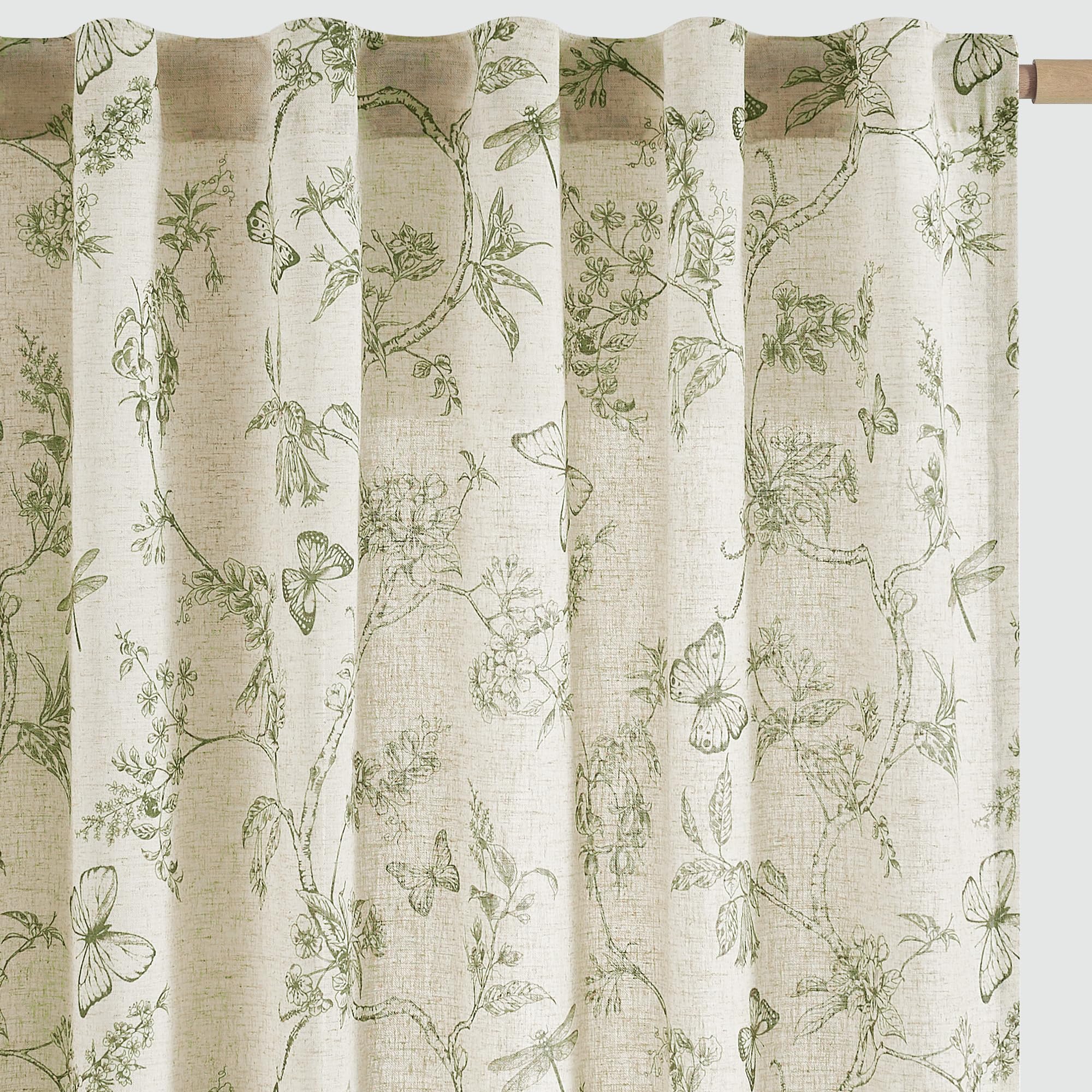 jinchan Floral Linen Curtains for Living Room - 63 Inch Length Butterfly Taupe Floral Curtains - French Country Farmhouse Flower Patterned Drapes - Back Tab Rod Pocket Set - 2 Panels