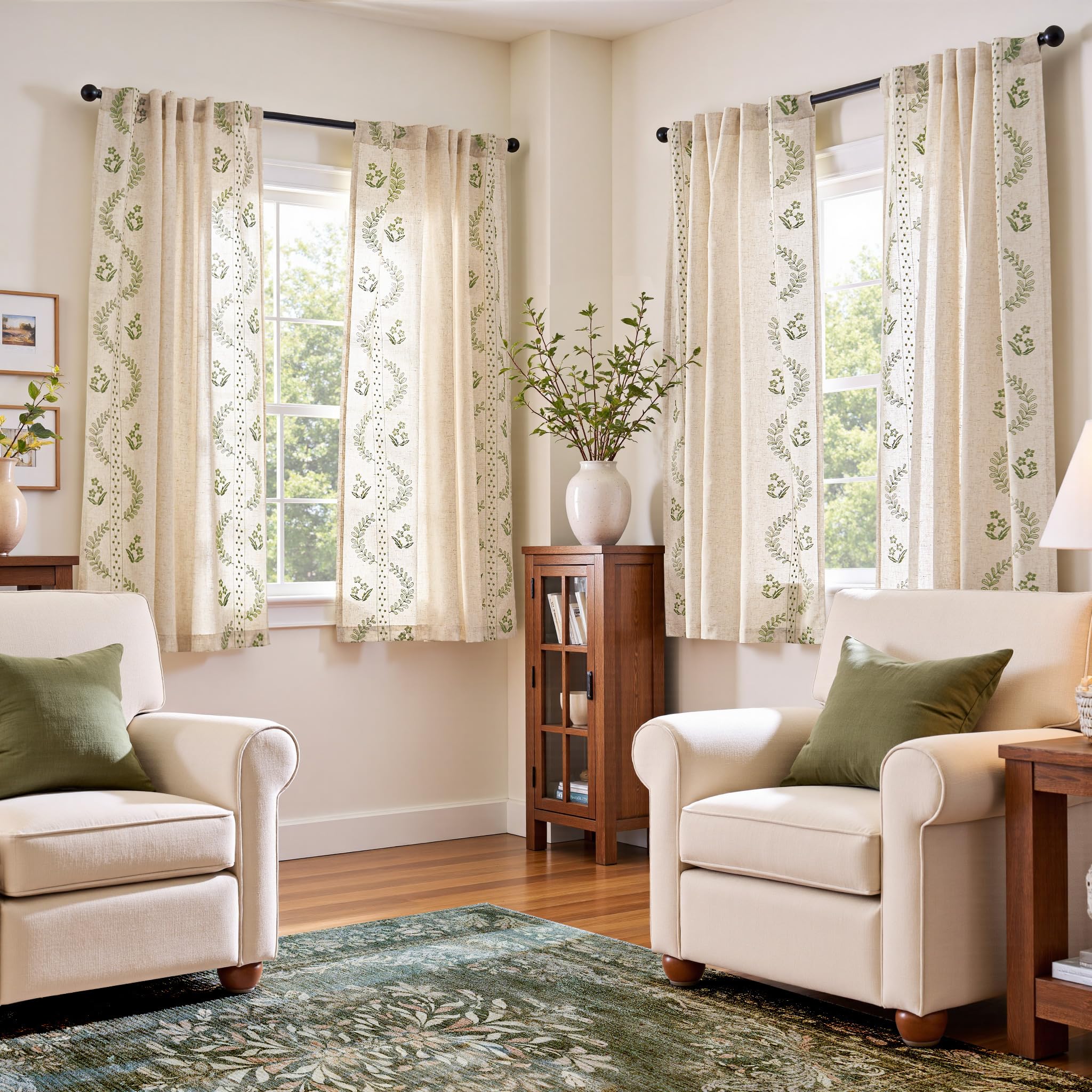 jinchan Belrose Linen Curtains for Bedroom Floral Curtains 84 Inch Length Linen Blend Ivory Embroidered Drapes Farmhouse Flower Patterned Drapes for Living Room Window Treatments Set 2 Panels