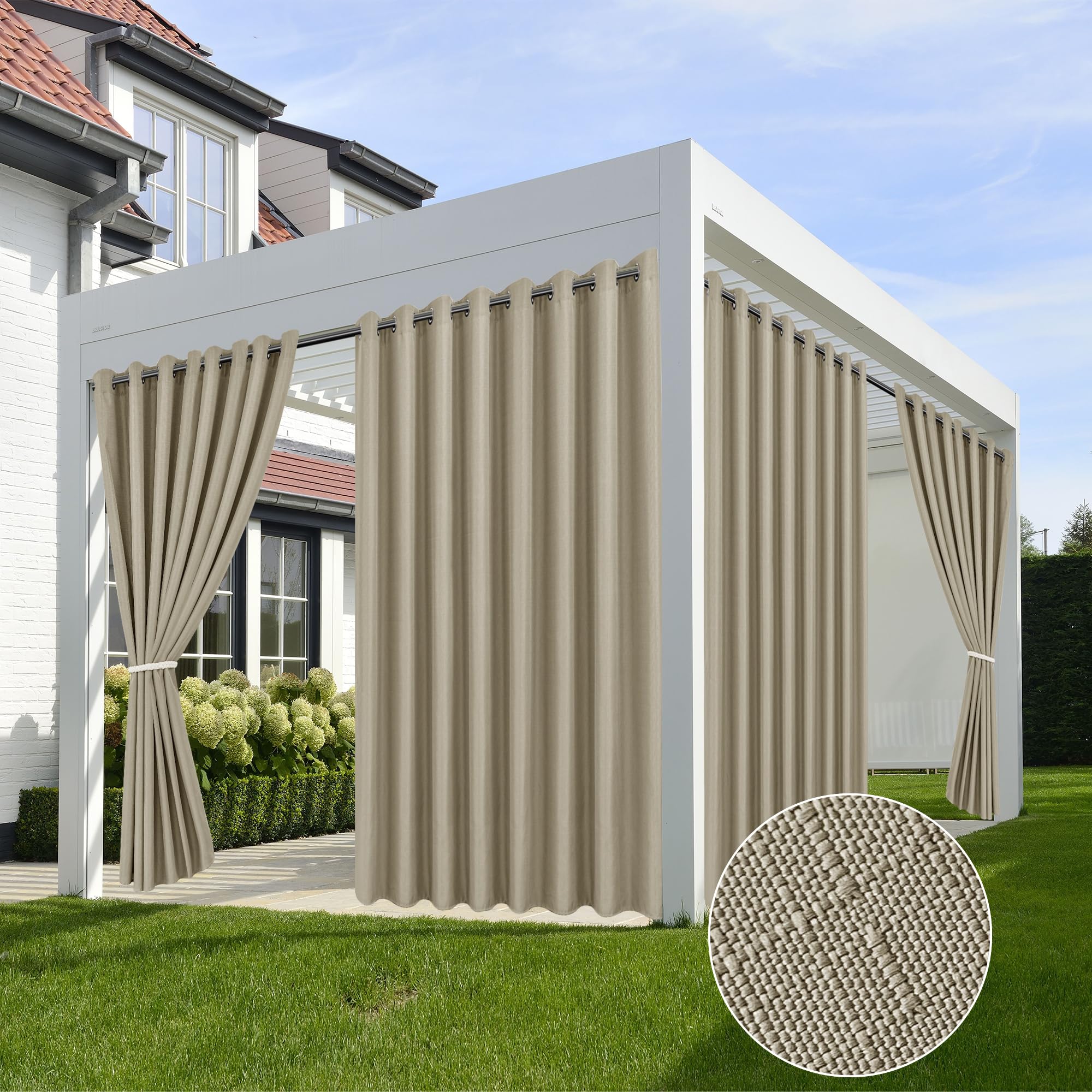 HolidayIdeas Outdoor Curtains for Patio Waterproof-4 Panels Linen Gazebo Curtains 54"x84"-Indoor/Outside Privacy Taupe Curtains Weatherproof Weighted for Pergola, Porch,Backyard,Living Room,Sunroom