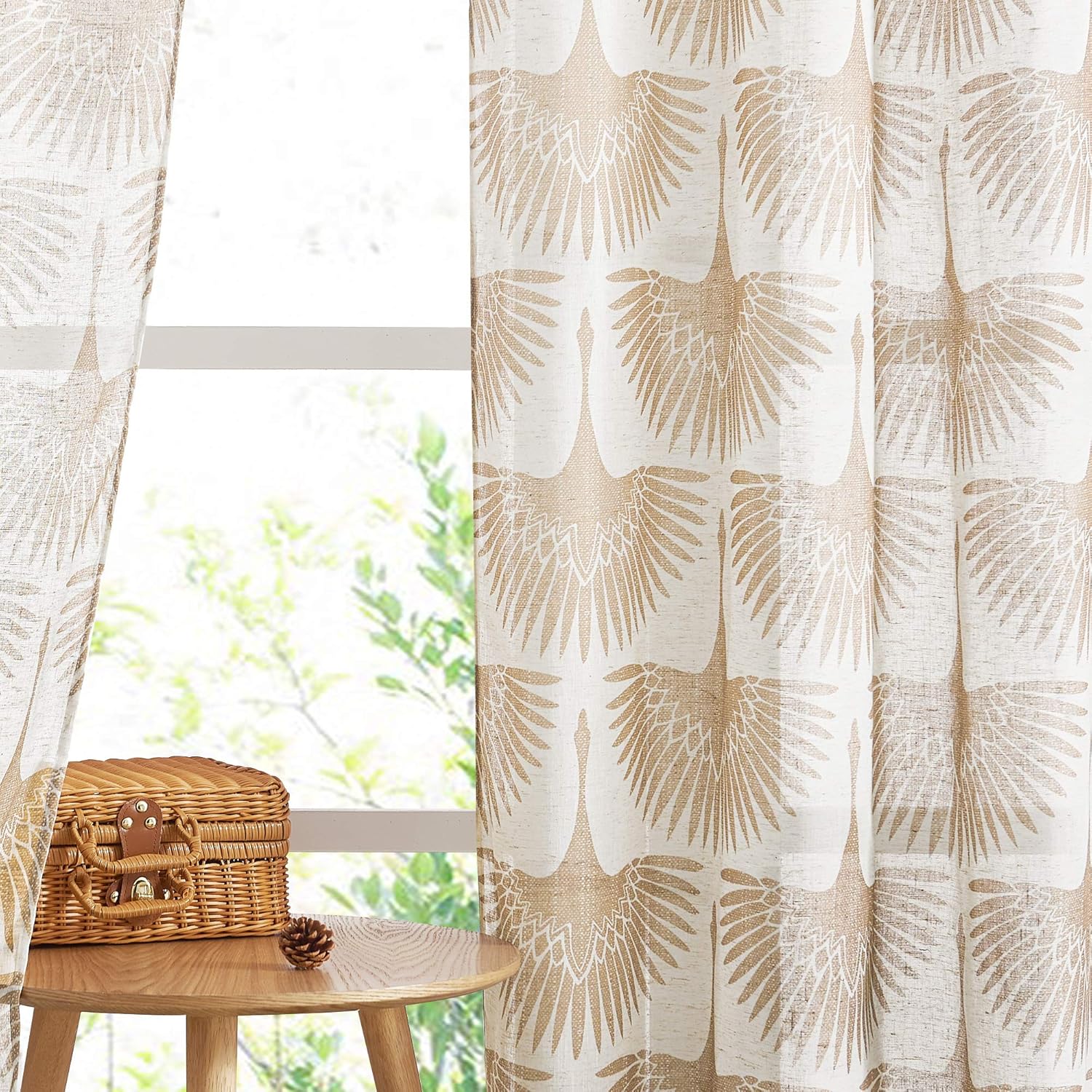 KGORGE Natural Linen Curtains - Semi Sheer Curtains 84 inches Long Geometric Print Window Decor Privacy Protect Light Filtering Drapes for Bedroom Office Basement, 2 Panels, Taupe