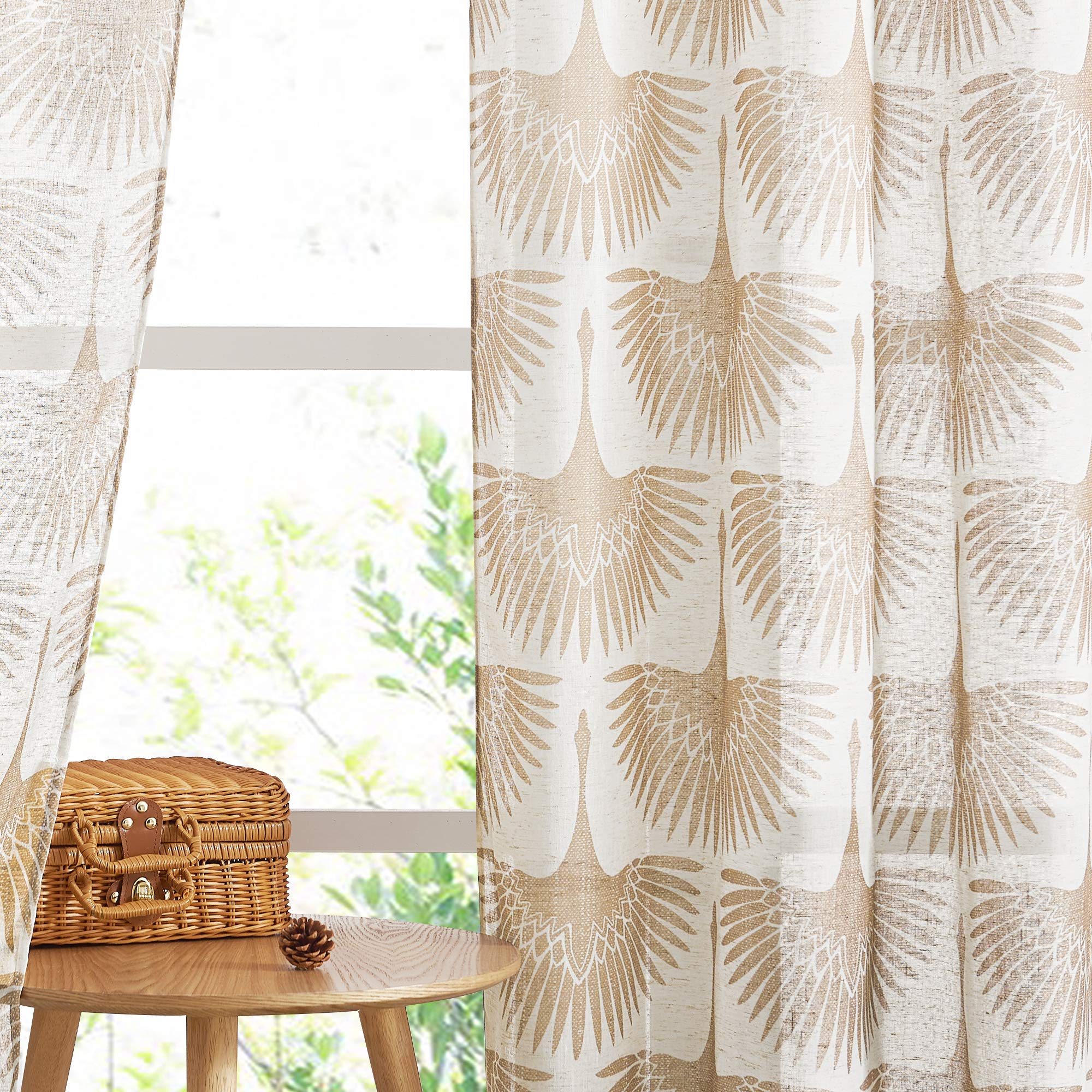 KGORGE Natural Linen Curtains - Semi Sheer Curtains 84 inches Long Geometric Print Window Decor Privacy Protect Light Filtering Drapes for Bedroom Office Basement, 2 Panels, Taupe