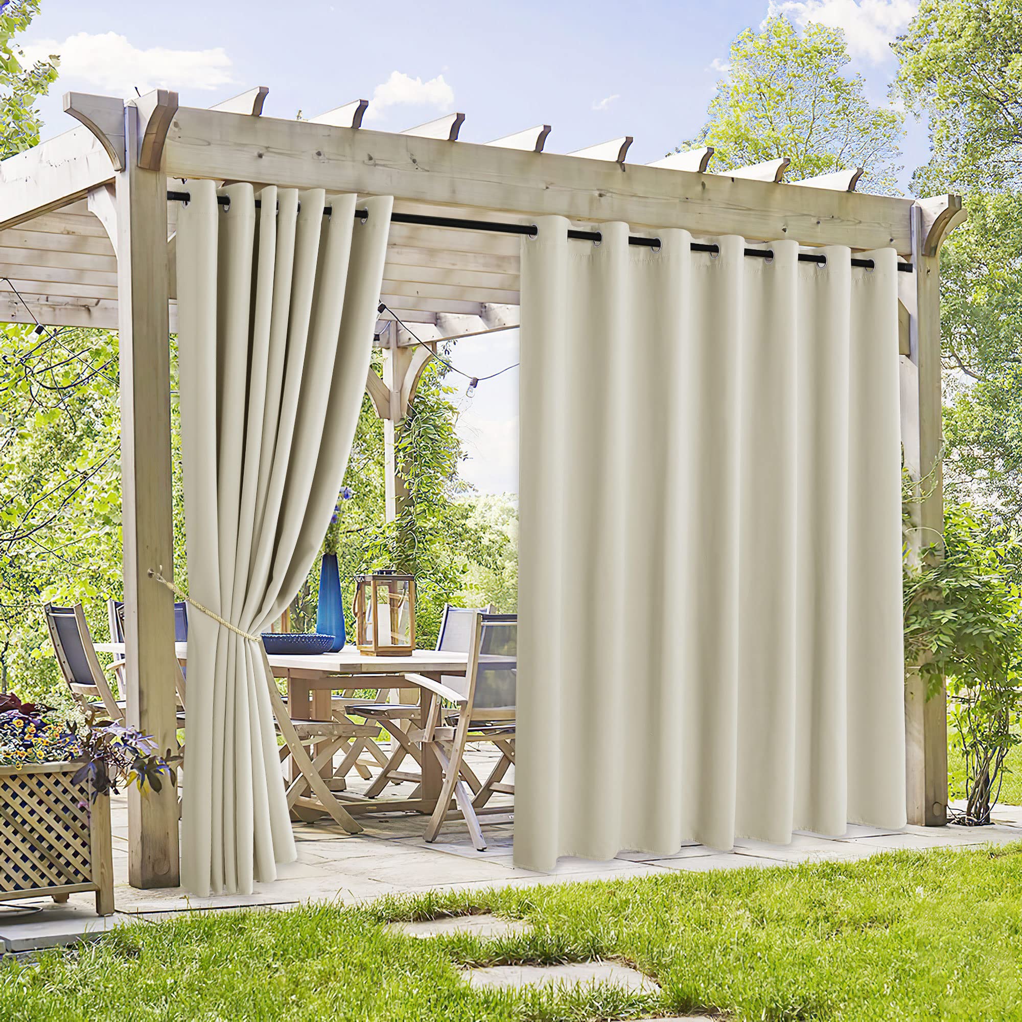 RYB HOME 2 Panels Fade Resistant Outdoor Curtains for Patio Waterproof Block Sunlight Thermal Insulated Privacy Thick Outside Curtains for Porch, Gazebo, Pergola, W52 x L96, Stone Blue