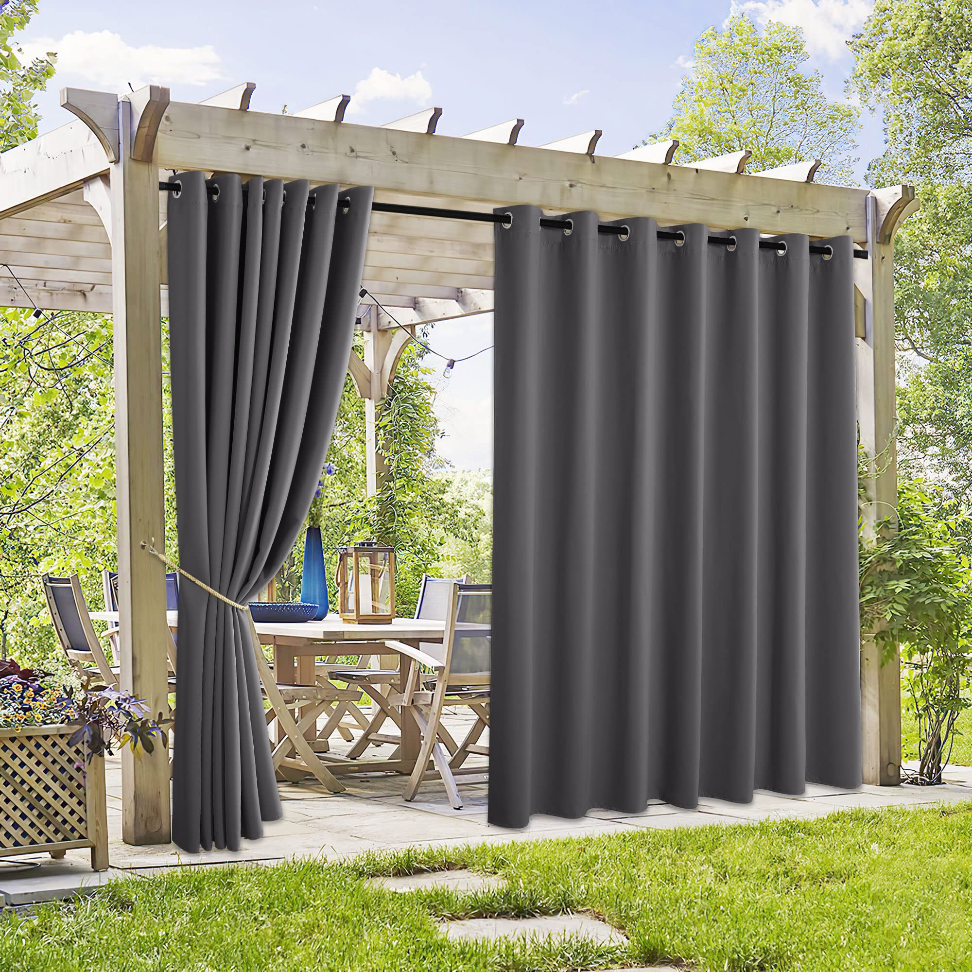 RYB HOME 2 Panels Fade Resistant Outdoor Curtains for Patio Waterproof Block Sunlight Thermal Insulated Privacy Thick Outside Curtains for Porch, Gazebo, Pergola, W52 x L96, Stone Blue