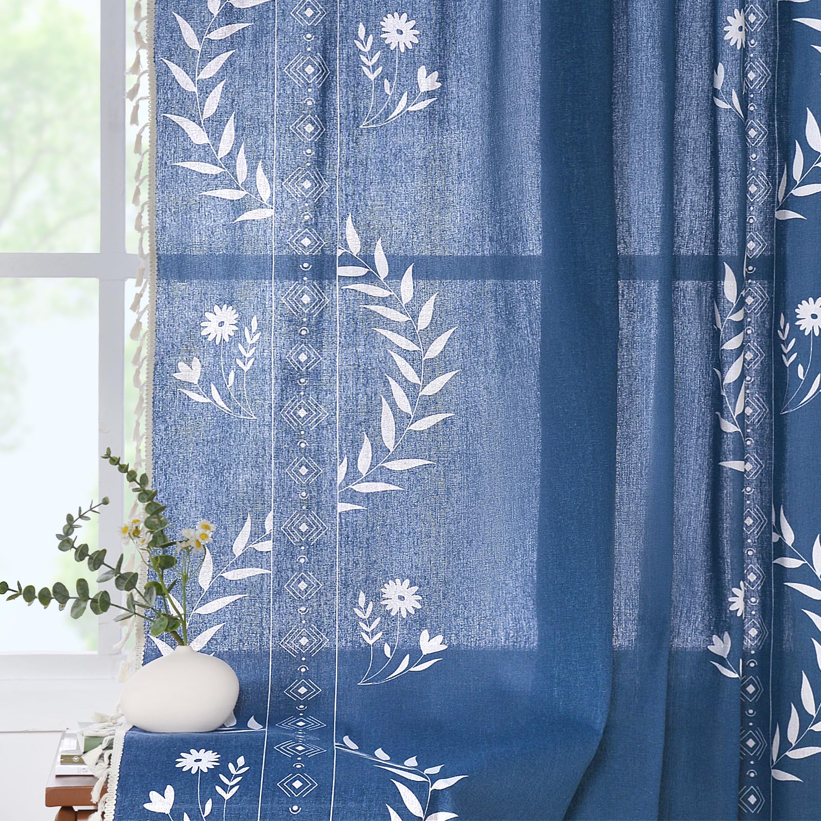 Schweek Boho Curtains for Living Room 84 Inch Long Terracotta Patterned Vintage Farmhouse Curtains 2 Panels,Linen Tassel Floral Window Curtain, Burnt Orange