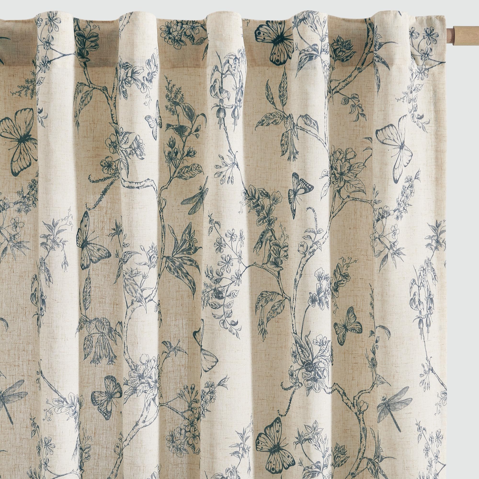 jinchan Floral Linen Curtains for Living Room - 63 Inch Length Butterfly Taupe Floral Curtains - French Country Farmhouse Flower Patterned Drapes - Back Tab Rod Pocket Set - 2 Panels