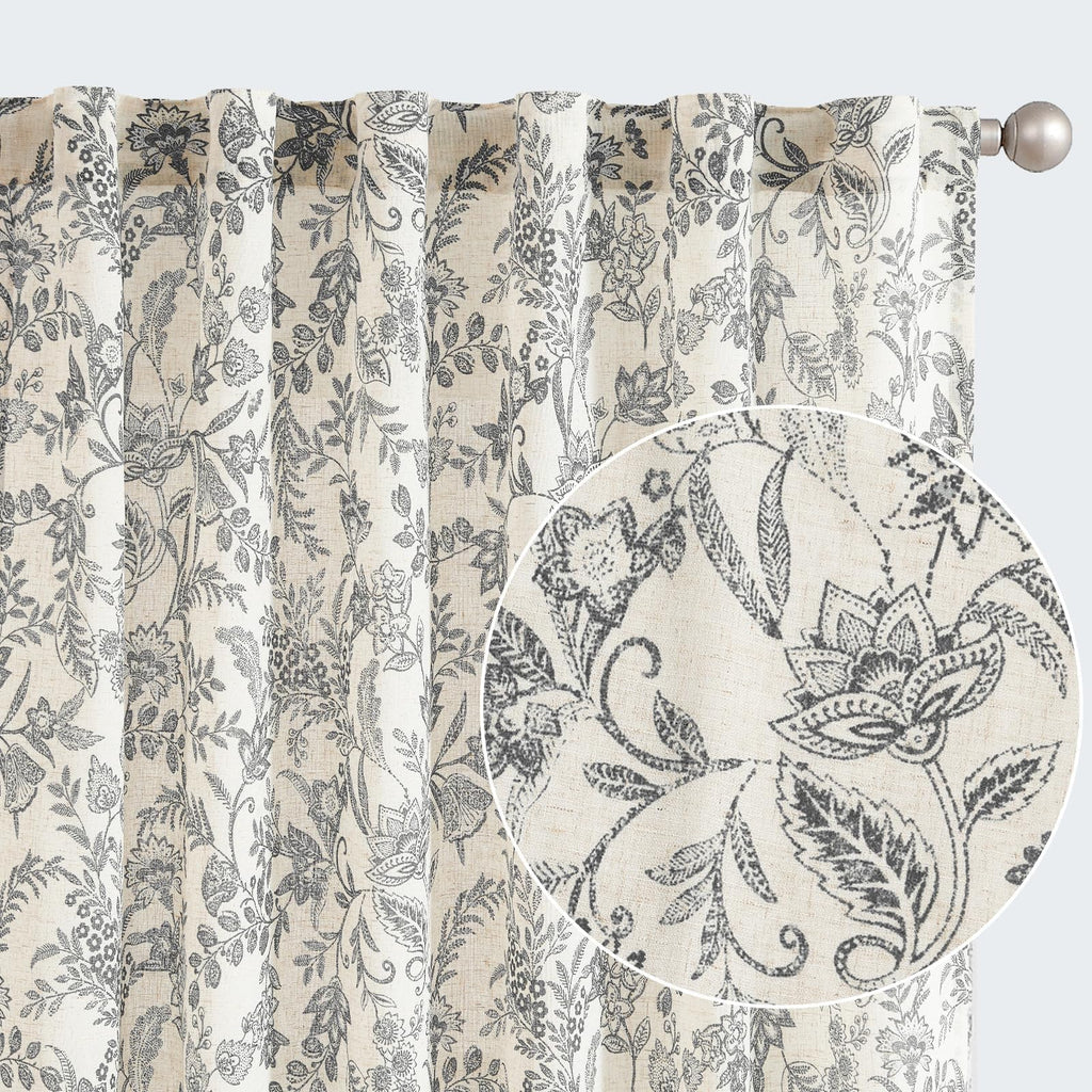 jinchan Floral Linen Curtains for Living Room - 63 Inch Length Butterfly Taupe Floral Curtains - French Country Farmhouse Flower Patterned Drapes - Back Tab Rod Pocket Set - 2 Panels