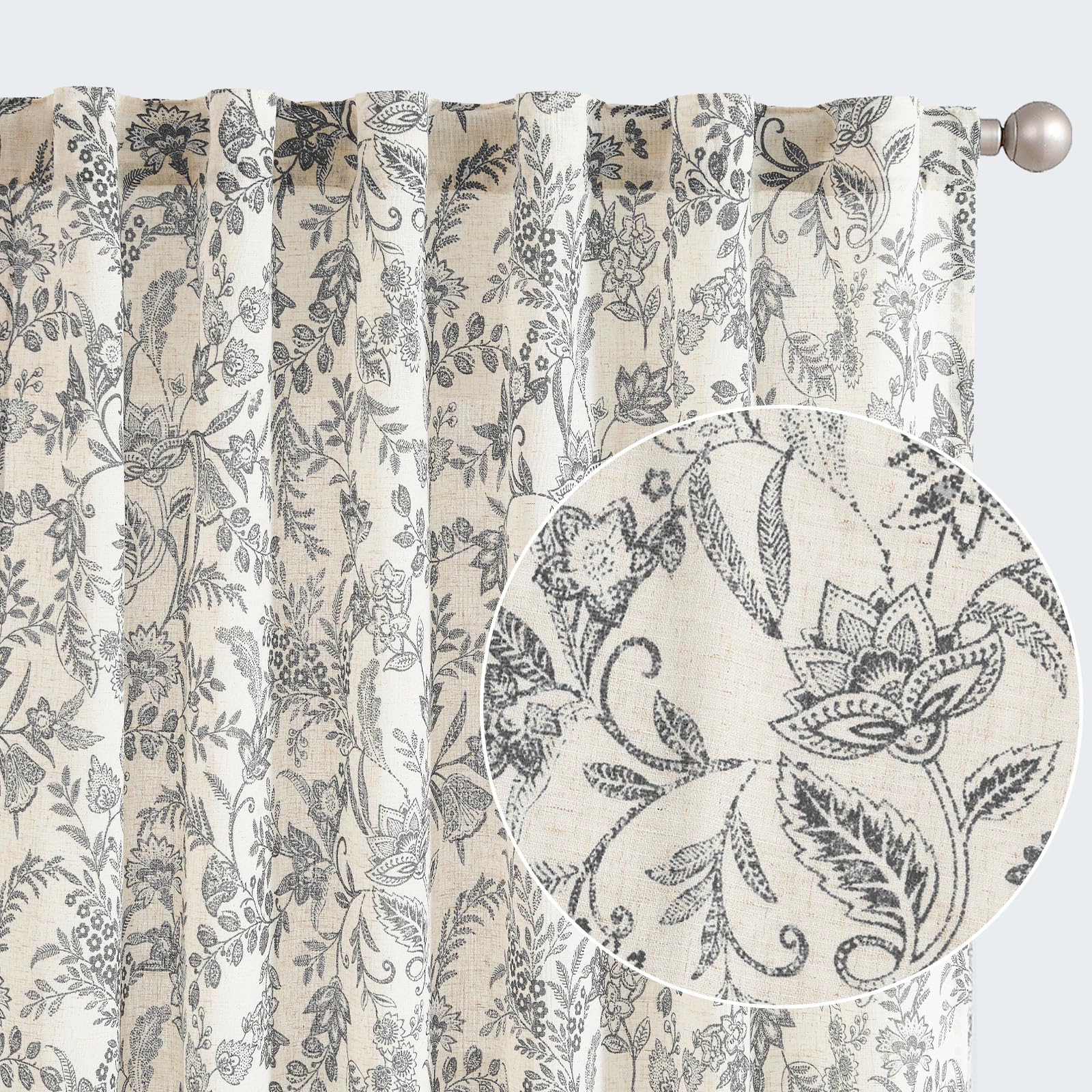 jinchan Floral Linen Curtains for Living Room - 63 Inch Length Butterfly Taupe Floral Curtains - French Country Farmhouse Flower Patterned Drapes - Back Tab Rod Pocket Set - 2 Panels