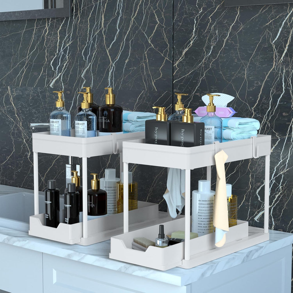 DEKAVA Cabinet, 2 Pack Under Sink Organizer, 2 Tier Sliding Bathroom Kitchen Organizer, Large White ABS Baskets, Easy Install & Clean