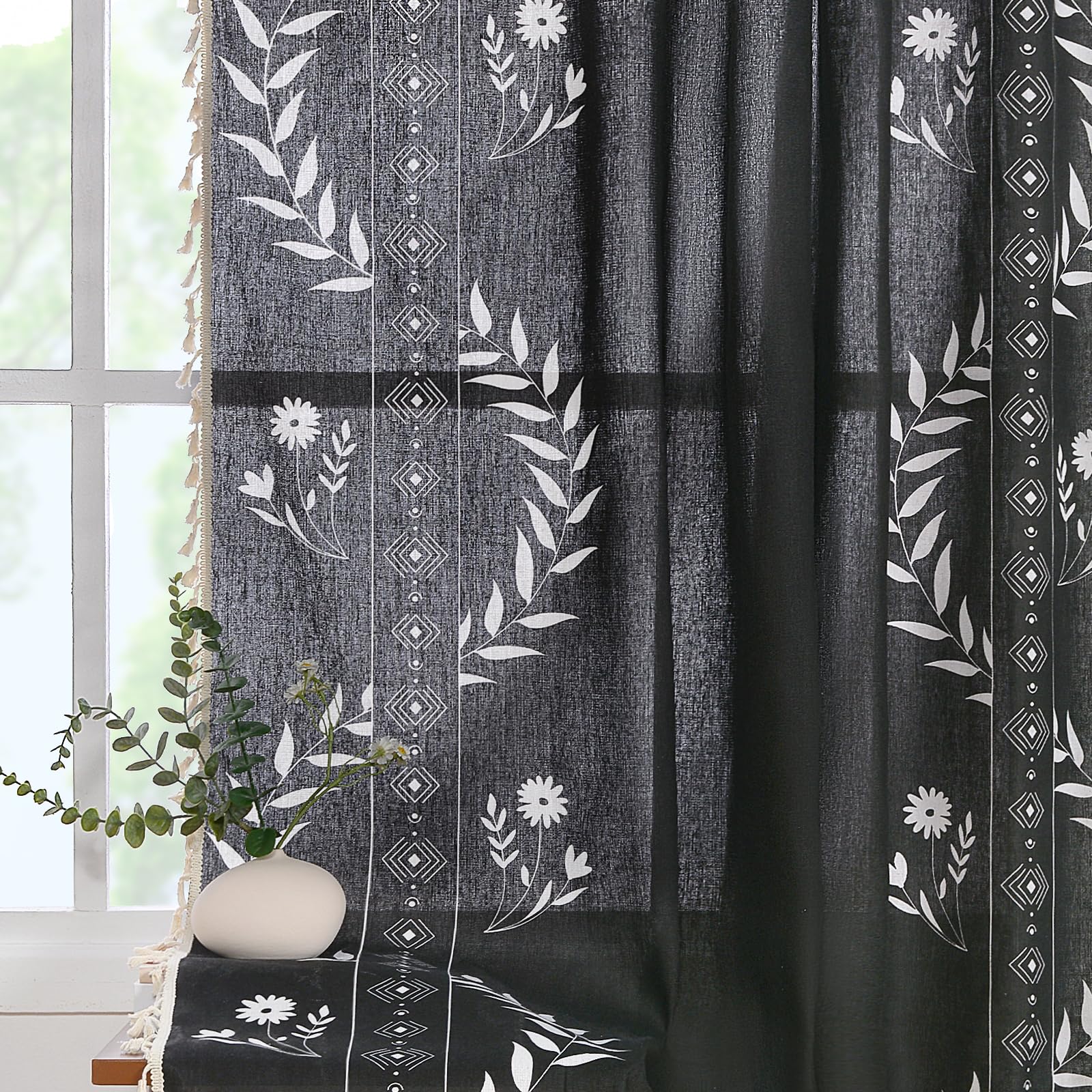 Schweek Boho Curtains for Living Room 84 Inch Long Terracotta Patterned Vintage Farmhouse Curtains 2 Panels,Linen Tassel Floral Window Curtain, Burnt Orange