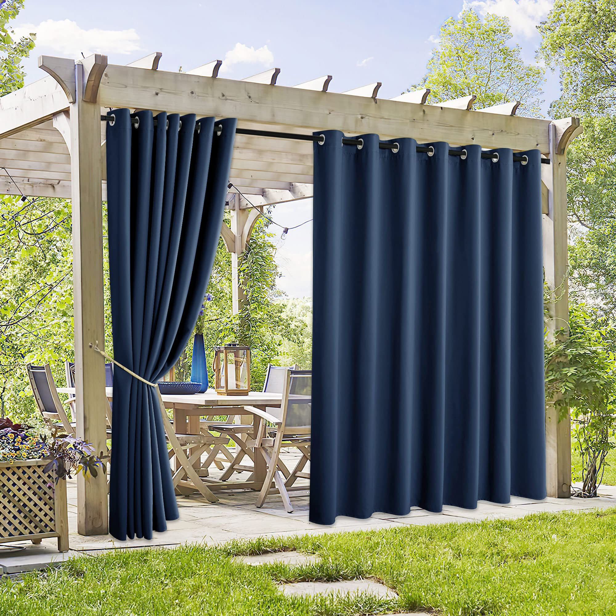 RYB HOME 2 Panels Fade Resistant Outdoor Curtains for Patio Waterproof Block Sunlight Thermal Insulated Privacy Thick Outside Curtains for Porch, Gazebo, Pergola, W52 x L96, Stone Blue