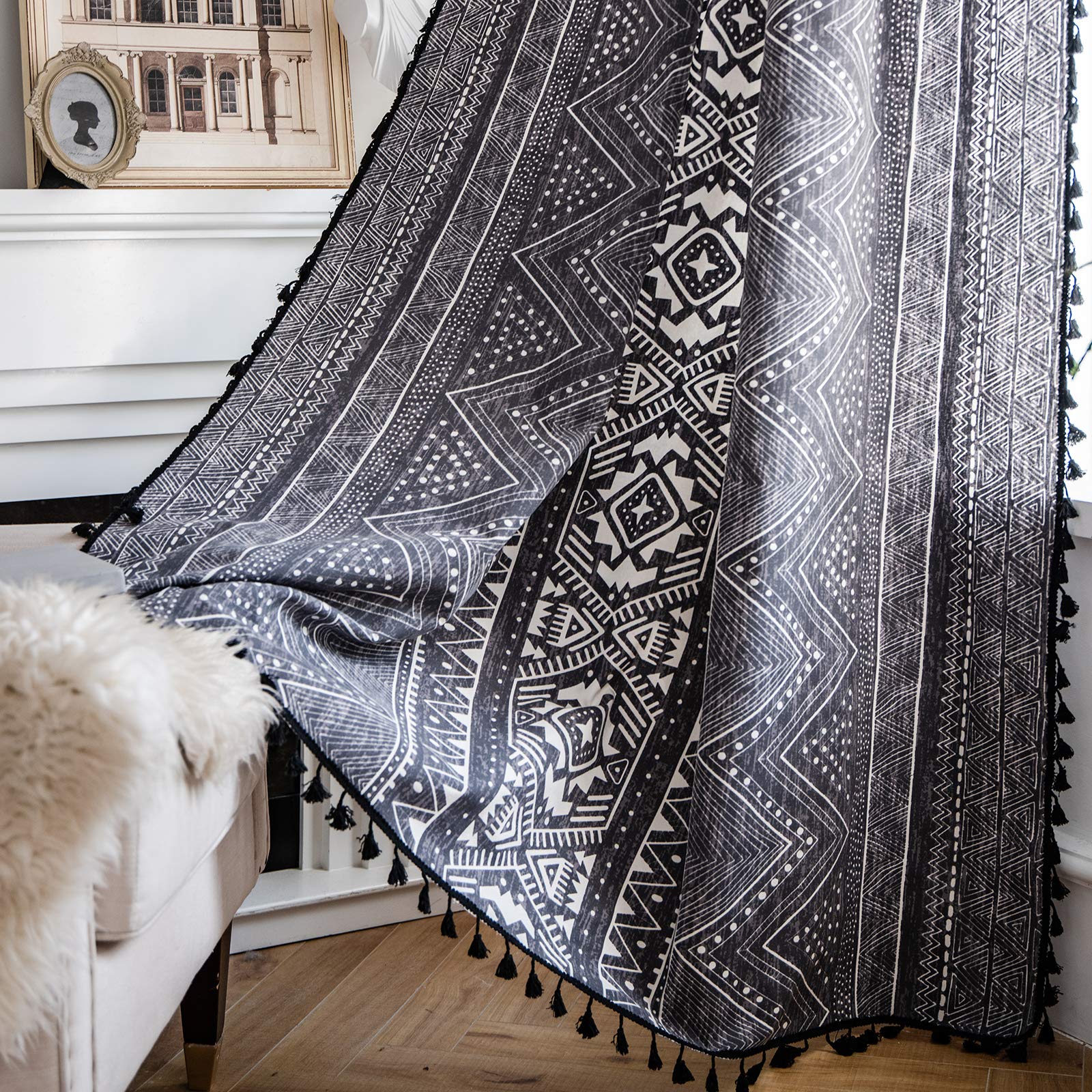 ColorBird Boho Curtains 2 Panels Aztec Western Semi-Blackout Patterned Rod Pocket Window Treatment Decorative Drapes with Black Tassels for Living Bedroom Closet 63 inch Length