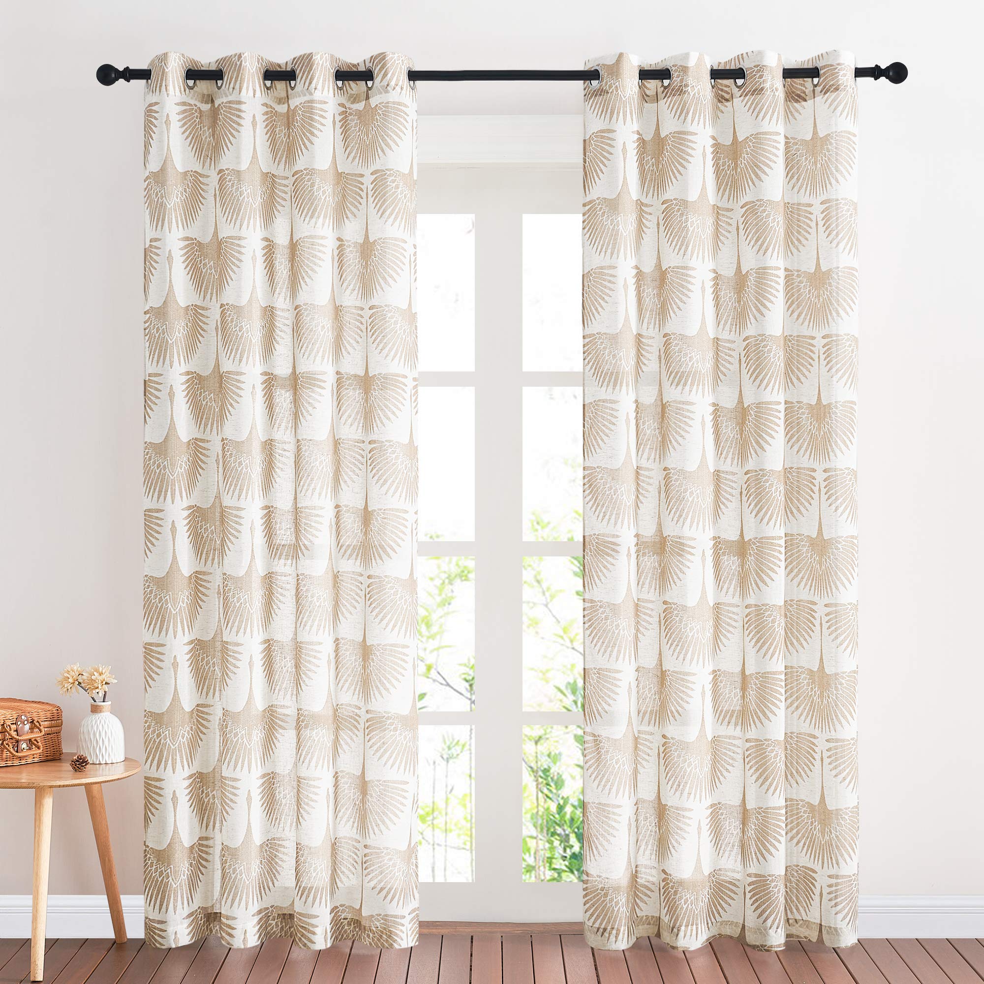 KGORGE Natural Linen Curtains - Semi Sheer Curtains 84 inches Long Geometric Print Window Decor Privacy Protect Light Filtering Drapes for Bedroom Office Basement, 2 Panels, Taupe