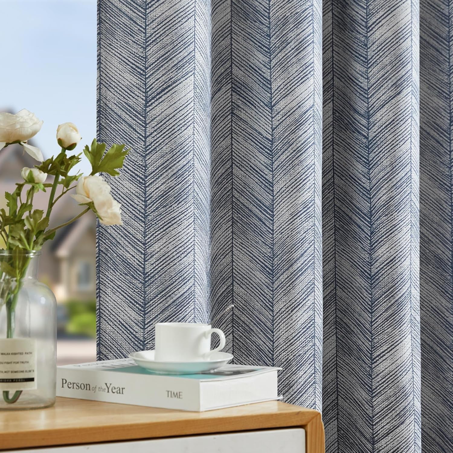 jinchan Blue Printed Curtains 63 Inch Length for Living Room Grommet Jacquard Curtains with Herringbone Pattern Modern Room Darkening Drapes Bedroom Window Curtain Set 2 Panels