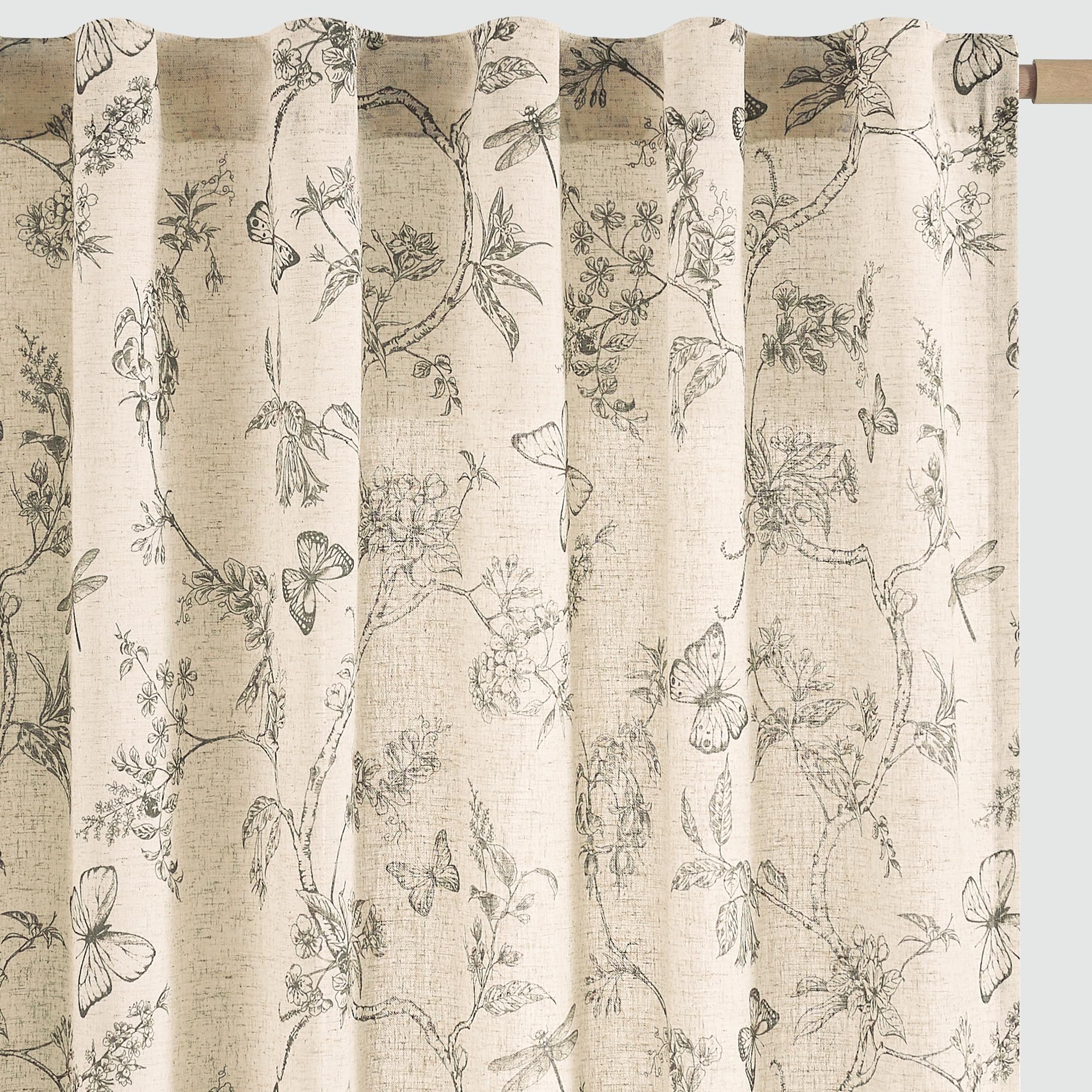 jinchan Floral Linen Curtains for Living Room - 63 Inch Length Butterfly Taupe Floral Curtains - French Country Farmhouse Flower Patterned Drapes - Back Tab Rod Pocket Set - 2 Panels