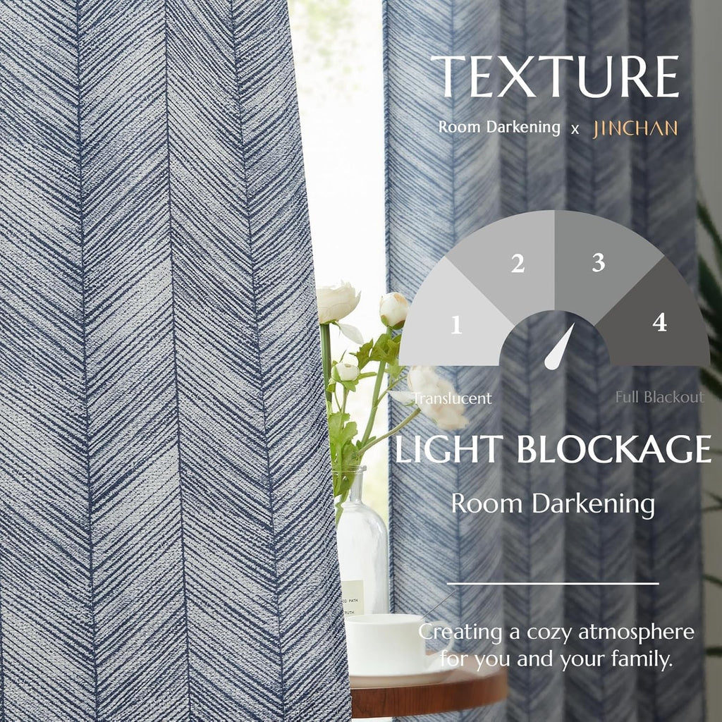 jinchan Blue Printed Curtains 63 Inch Length for Living Room Grommet Jacquard Curtains with Herringbone Pattern Modern Room Darkening Drapes Bedroom Window Curtain Set 2 Panels