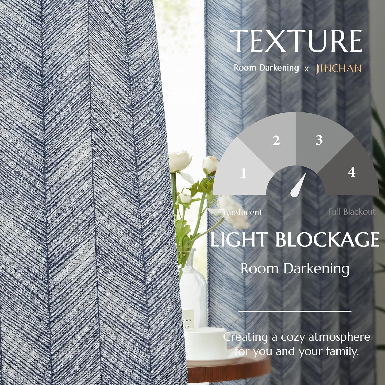 jinchan Blue Printed Curtains 63 Inch Length for Living Room Grommet Jacquard Curtains with Herringbone Pattern Modern Room Darkening Drapes Bedroom Window Curtain Set 2 Panels