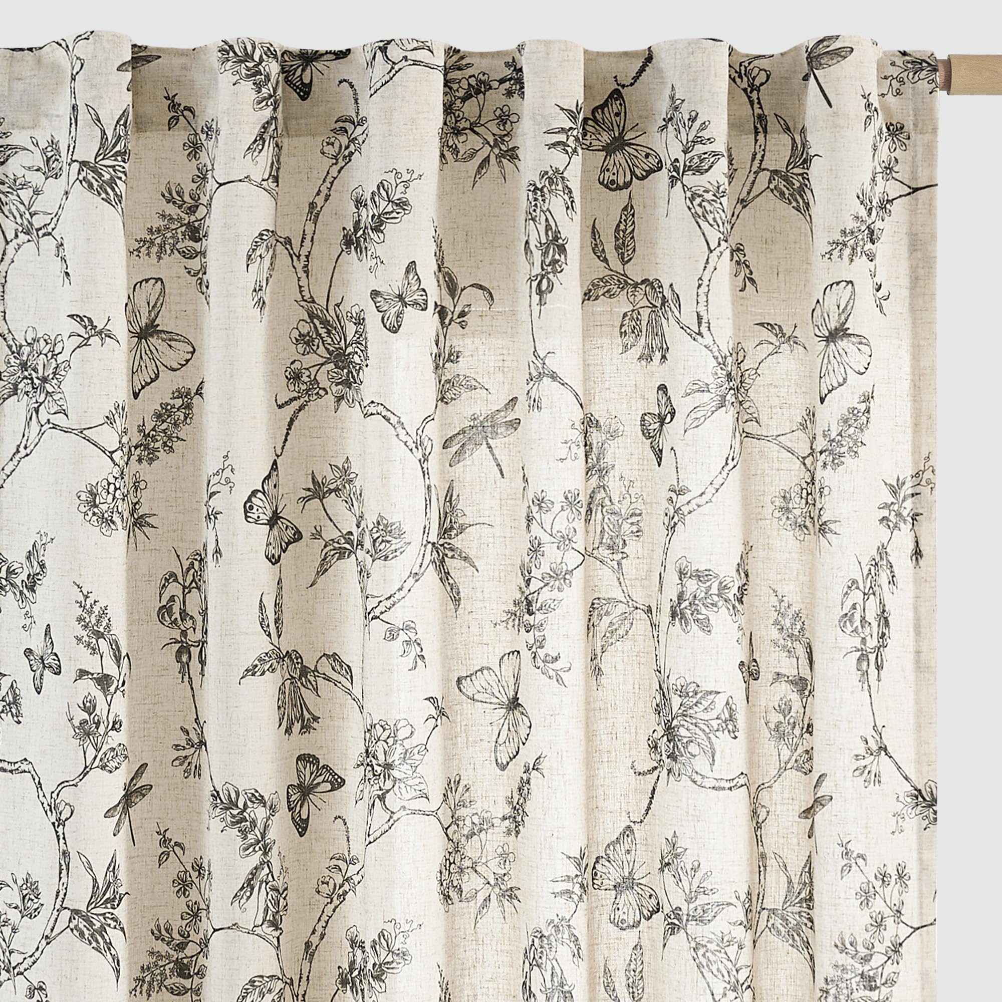 jinchan Floral Linen Curtains for Living Room - 63 Inch Length Butterfly Taupe Floral Curtains - French Country Farmhouse Flower Patterned Drapes - Back Tab Rod Pocket Set - 2 Panels