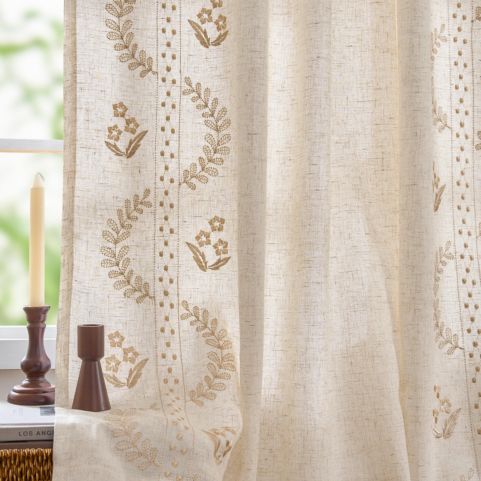 jinchan Belrose Linen Curtains for Bedroom Floral Curtains 84 Inch Length Linen Blend Ivory Embroidered Drapes Farmhouse Flower Patterned Drapes for Living Room Window Treatments Set 2 Panels