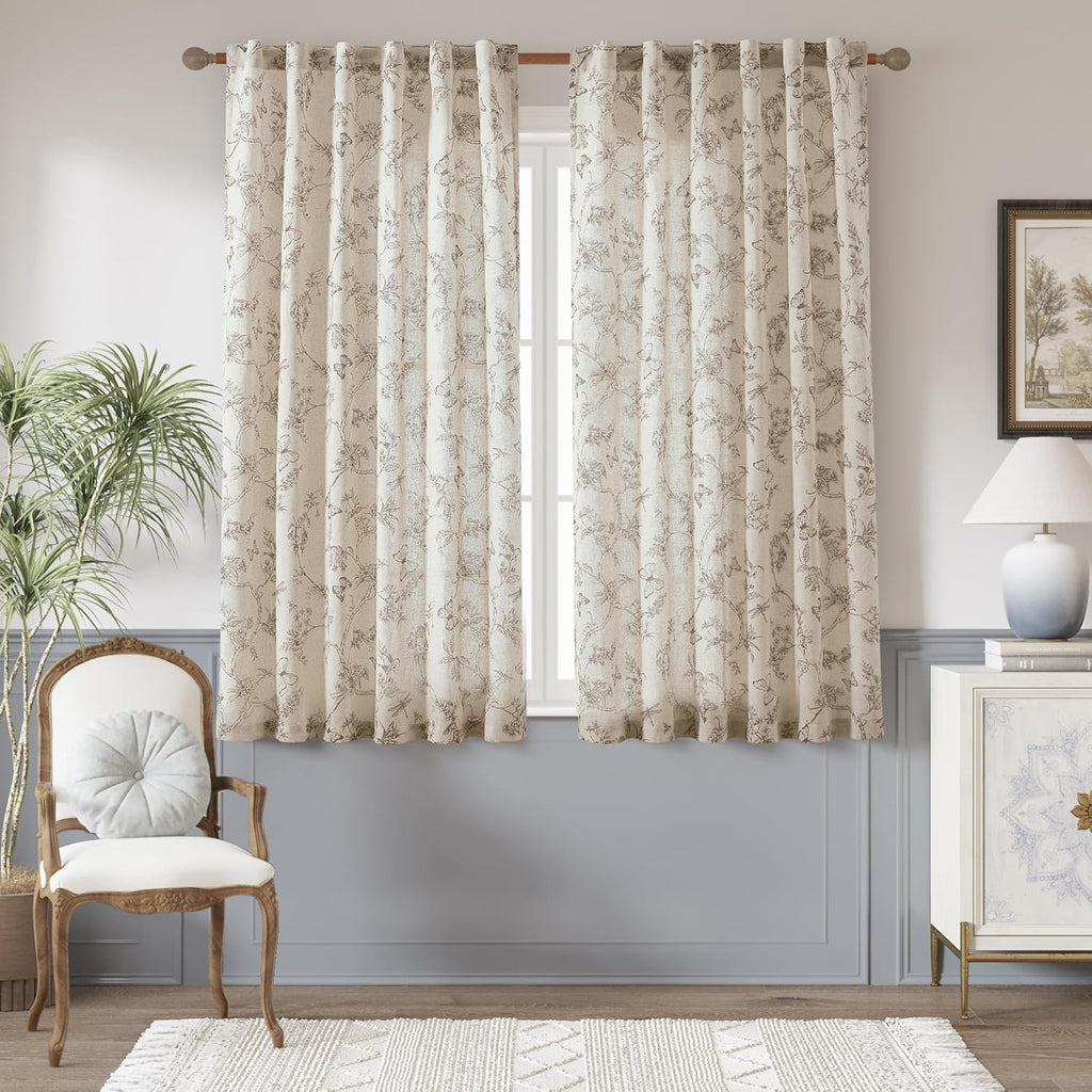 jinchan Floral Linen Curtains for Living Room - 63 Inch Length Butterfly Taupe Floral Curtains - French Country Farmhouse Flower Patterned Drapes - Back Tab Rod Pocket Set - 2 Panels