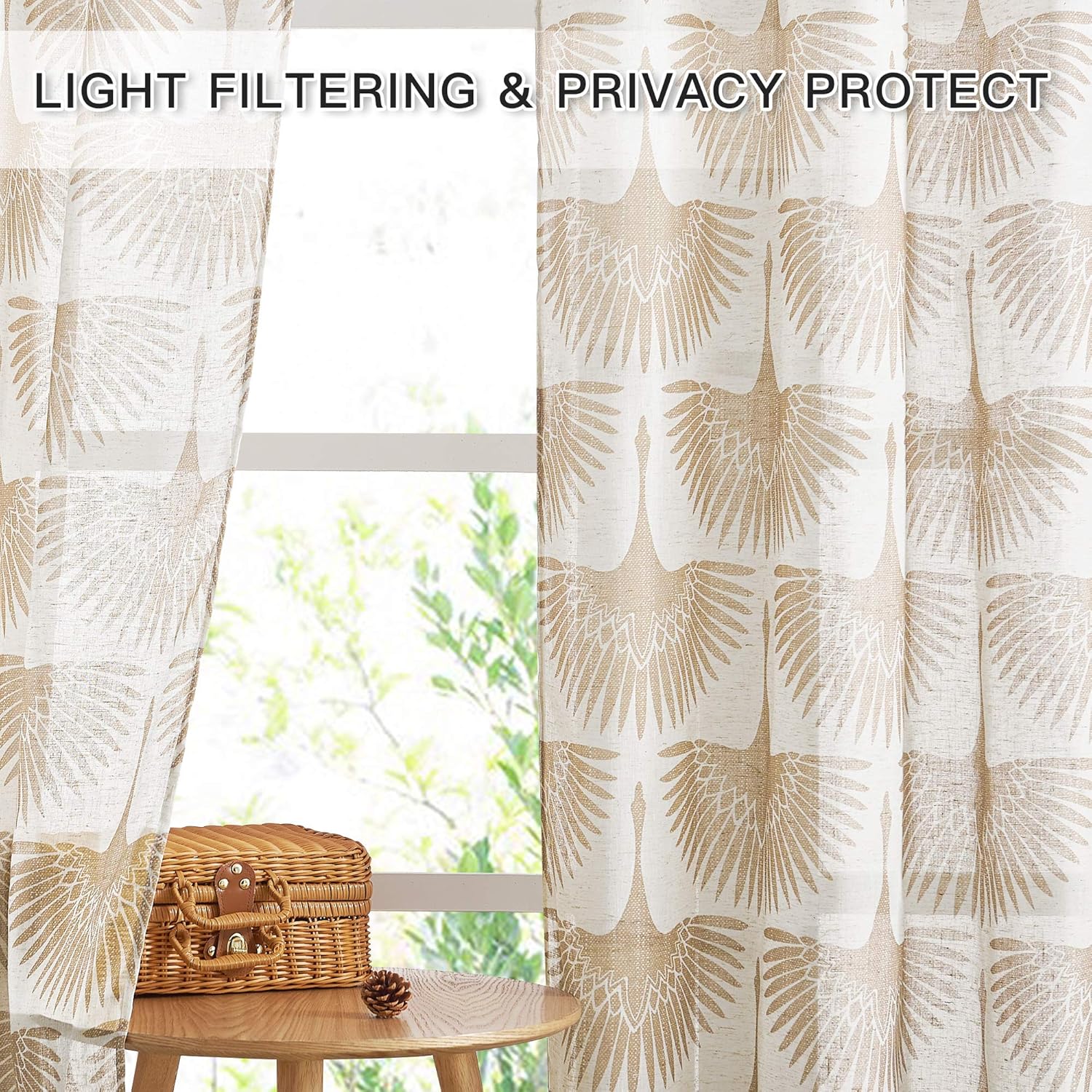 KGORGE Natural Linen Curtains - Semi Sheer Curtains 84 inches Long Geometric Print Window Decor Privacy Protect Light Filtering Drapes for Bedroom Office Basement, 2 Panels, Taupe
