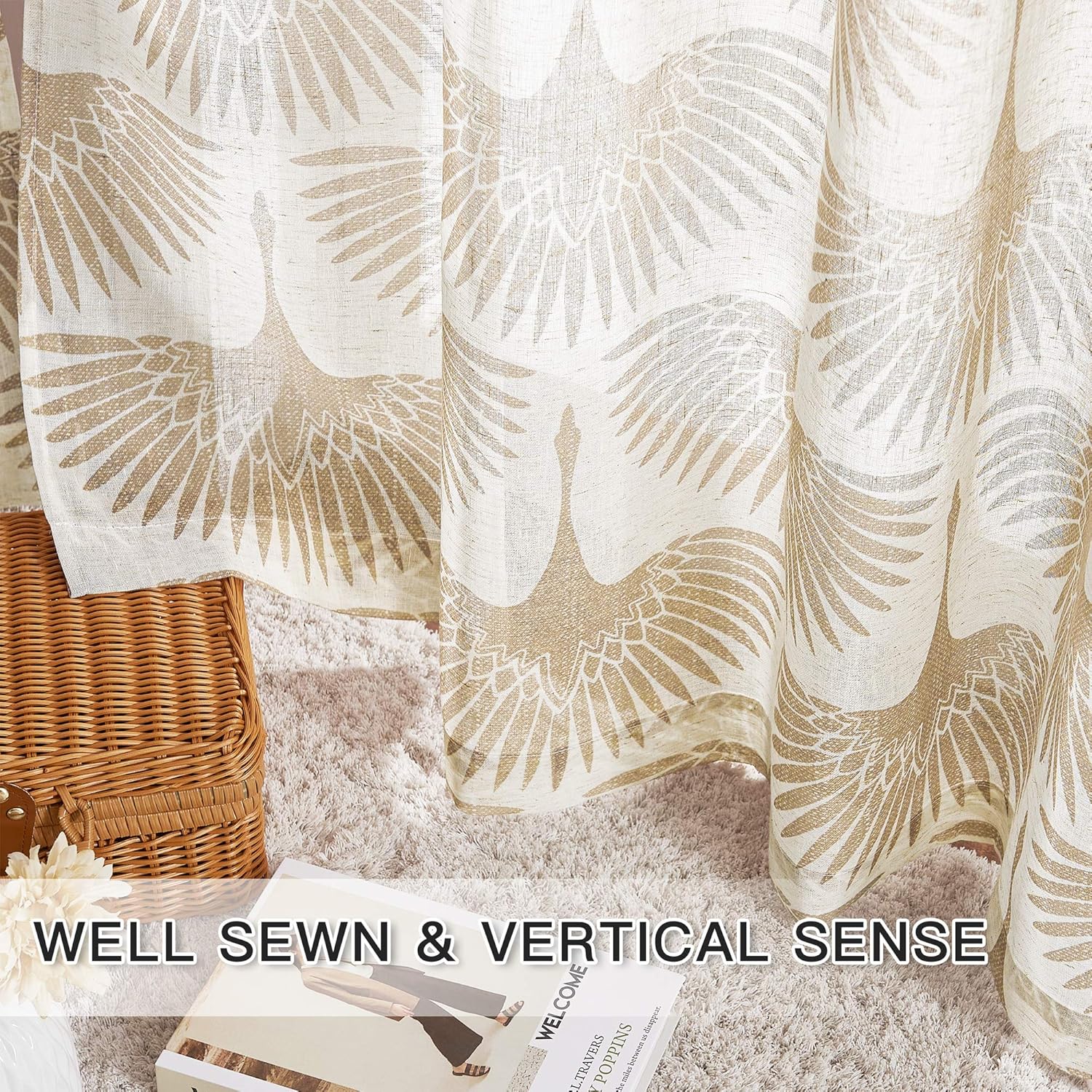 KGORGE Natural Linen Curtains - Semi Sheer Curtains 84 inches Long Geometric Print Window Decor Privacy Protect Light Filtering Drapes for Bedroom Office Basement, 2 Panels, Taupe